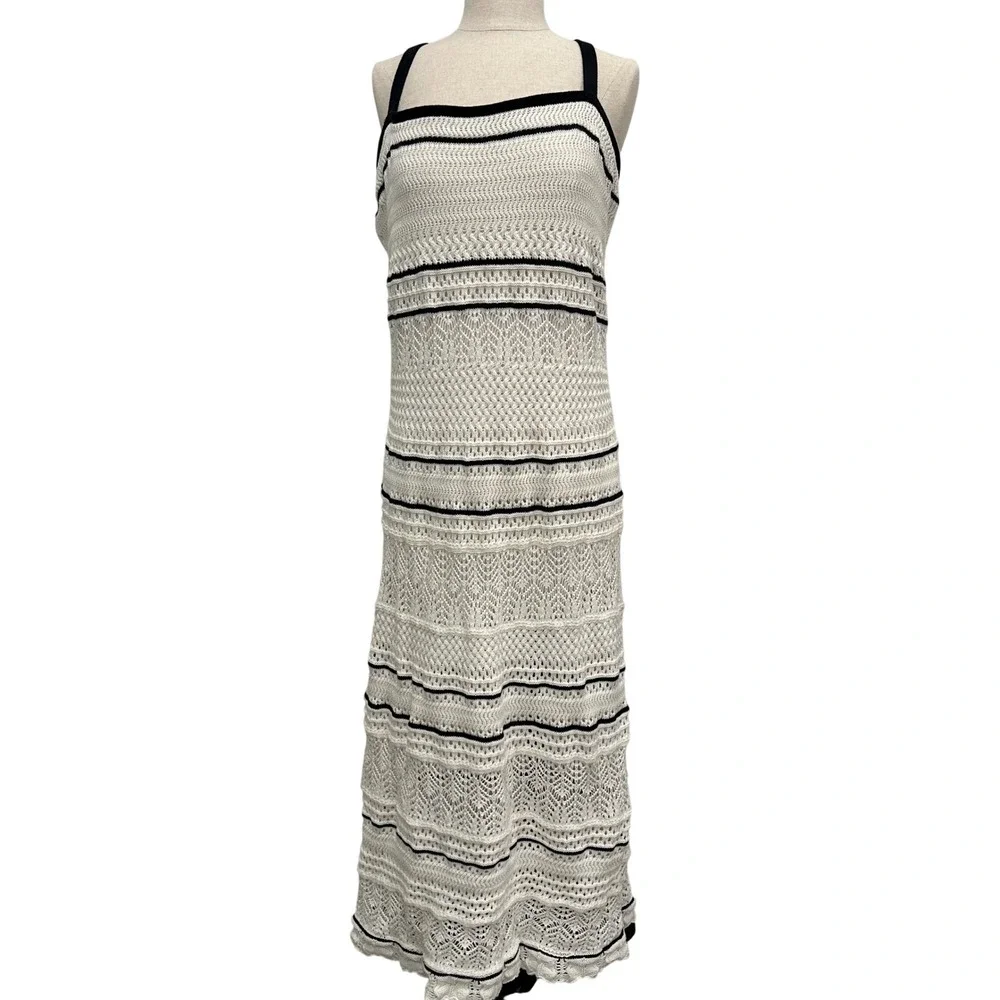 Abercrombie & Fitch Womens White Black Crochet Knit Striped Maxi Dress XL